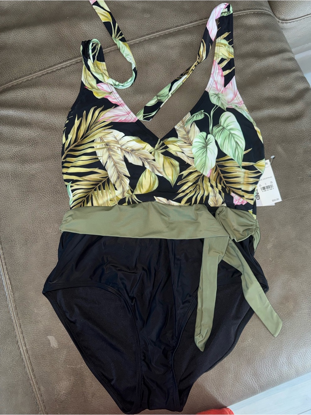 Lands' End Black Tropical Leaf One-Piece Swimsuit with Olive Sash